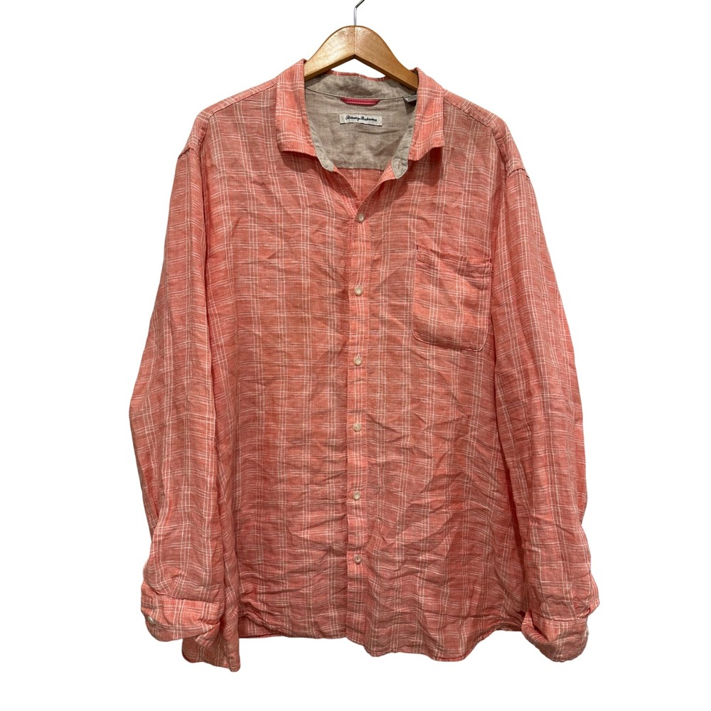Tommy Bahama Mens 3XL Linen Button Down Shirt Coral Orange Windowpane Plaid LS